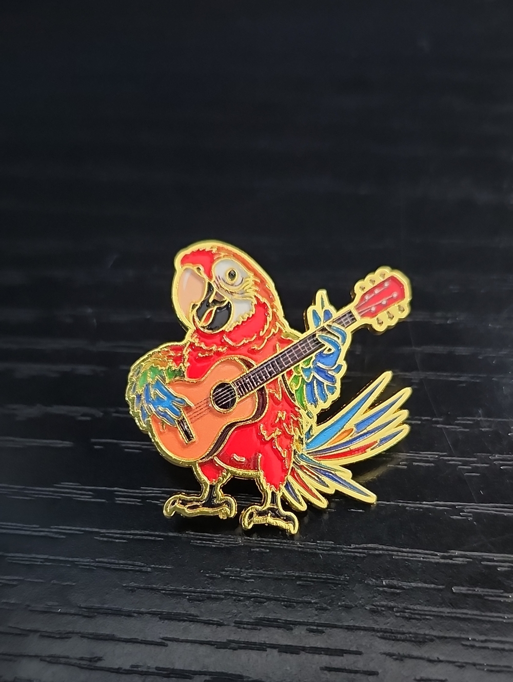 Colorful Parrot Guitar Enamel Pin - Red, Blue & Yellow